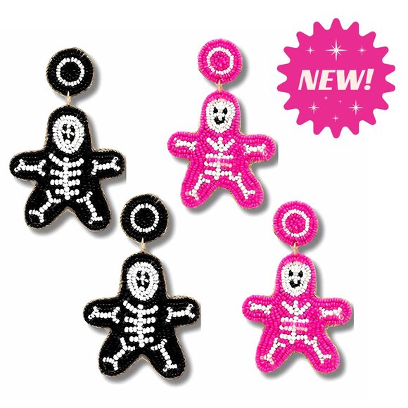 X-Ray Skeleton Halloween Fun Seed Beaded Statement Holiday Fun Earrings - Picture 1 of 5